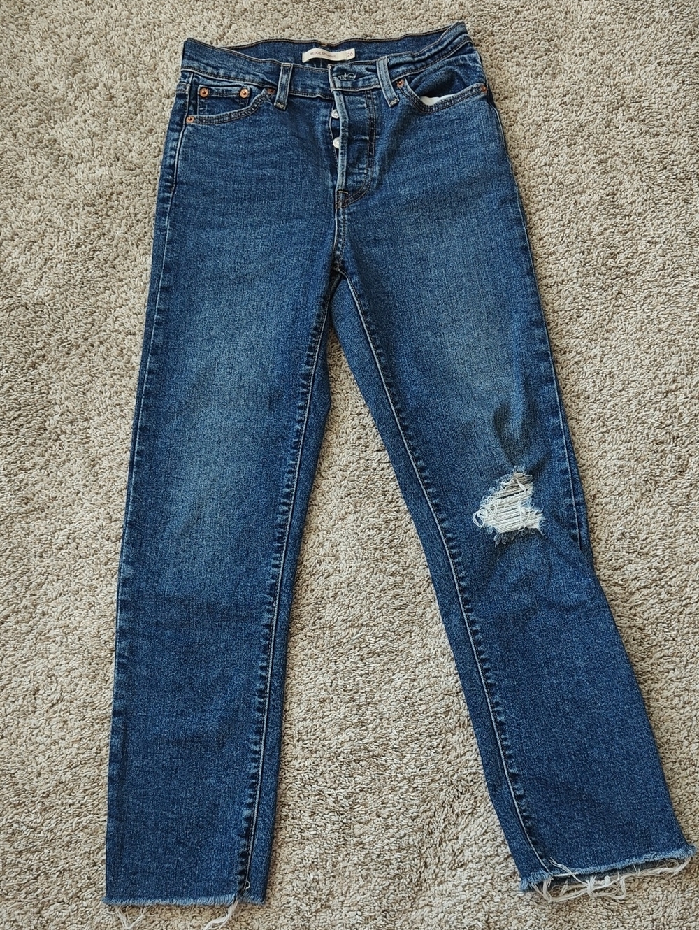 Levi's Dark Blue Straight-Leg Jeans with Distressed Knee